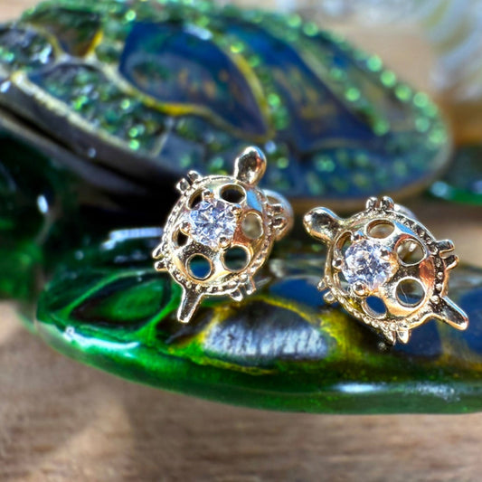 14K Gold Honu Earrings w/Rhinestone Honu Keepsake